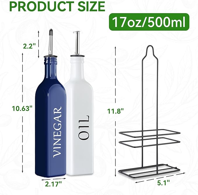 Vakoo Oil and Vinegar Dispenser Set - 17oz/500ml, Extra Thick Glass, Leak-Proof, Olive Oil Dispenser Bottle for Kitchen (White Blue) - Image 8