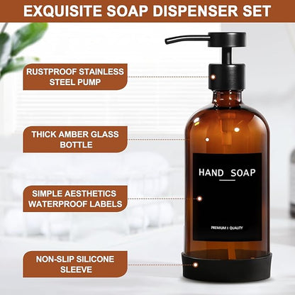 RYTOXILO Hand Soap Dispenser for Bathroom 2 Pack, Amber Glass Soap Dispenser with Stainless Steel Pump, 16.9 Fl oz Hand and Dish Soap Dispensers Set Kitchen, Modern Brown Soap Lotion Dispensers Bottle - Image 3