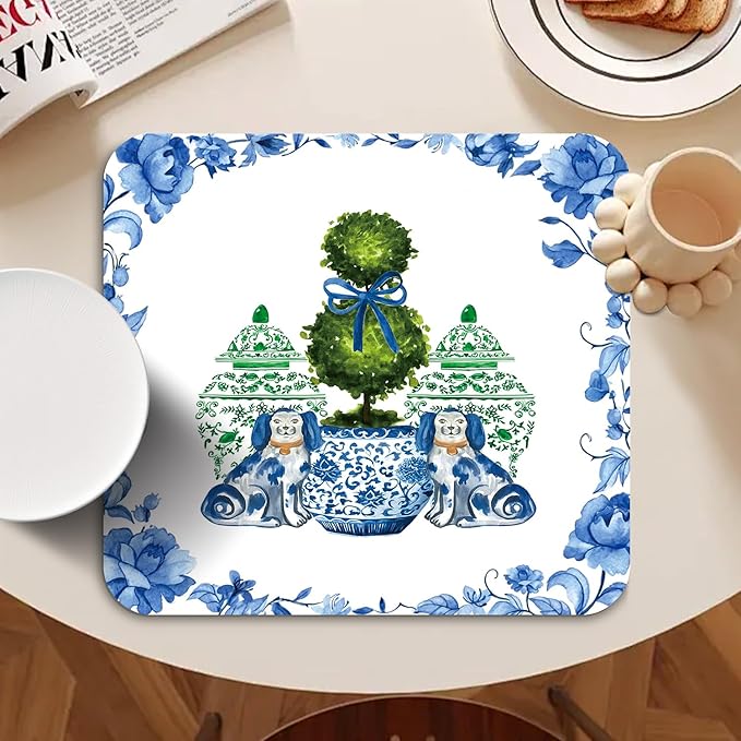Chinoiserie Dish Drying Mat - Blue And White Green Porcelain Dish Drying Mat,Chinoiserie Dog Drying Mat For Kitchen Counter,Vintage Chinoiserie Drying Mat,Coffee Bar Mat,16x17.5 Inch