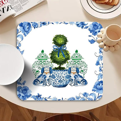 Chinoiserie Dish Drying Mat - Blue And White Green Porcelain Dish Drying Mat,Chinoiserie Dog Drying Mat For Kitchen Counter,Vintage Chinoiserie Drying Mat,Coffee Bar Mat,16x17.5 Inch