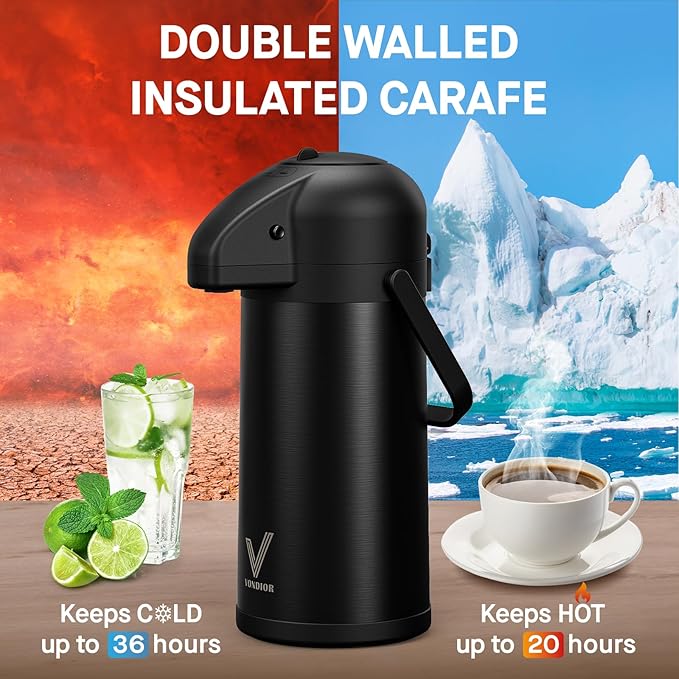 Airpot Coffee Carafe for Keeping Hot - 85 OZ/ 2.5L Coffee Dispenser with Pump - Insulated Stainless Steel thermal carafe for Hot Drinks Water Tea Chocolate - Hot Beverage Dispenser for Parties - Image 2