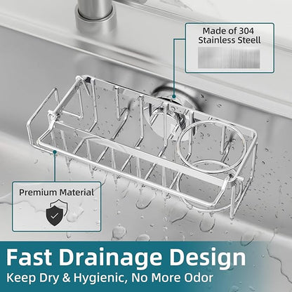 TAILI 4-in-1 Sink Caddy with Strong Suction Cup, Sponge Holder for Kitchen Sink Organizer, Removable, Rustproof, Stainless Steel Holder for Sponge, Brush, Scrubber, Scraper - Silver - Image 4