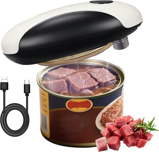 Rechargeable Electric Can Opener, Portable Gadgets Side Automatic Opener Can Food Safety,Smooth Edged for Seniors with Arthritis for All CanSizes (Black &White)