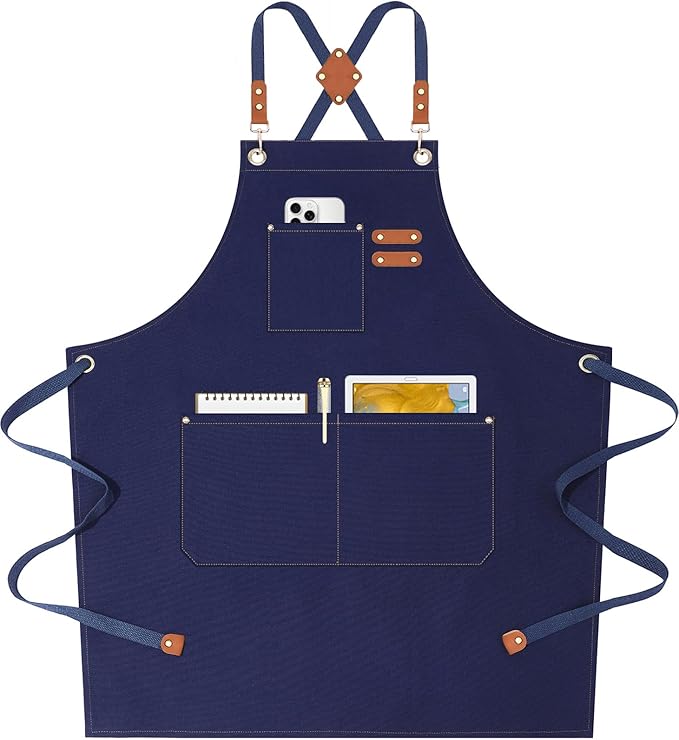 AFUN Chef Aprons for Women Men with Oversized Pockets, 12-Ounce Cotton Canvas Cross Back Water Repellent Apron (Dark Blue) by BringYouaFun