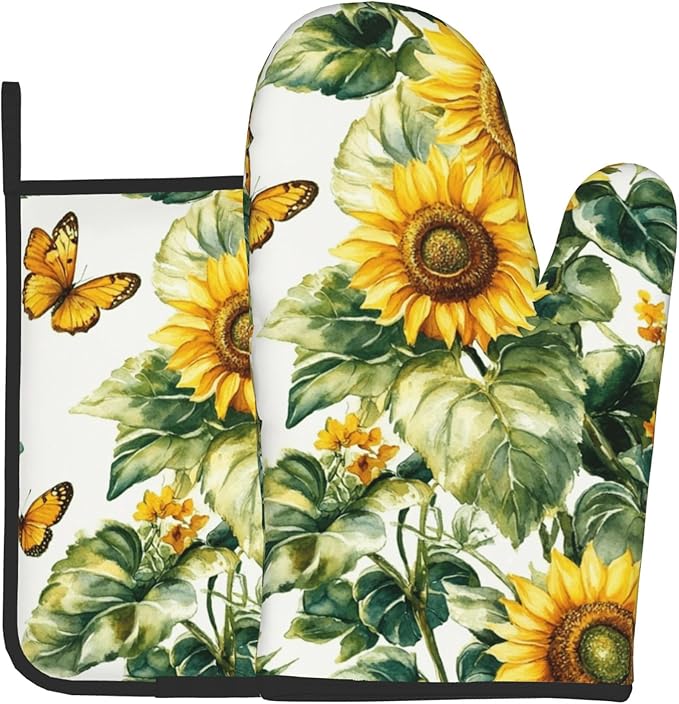 Sunflower Oven Mitts and Pot Holders Spring Summer Kitchen Accessories Set of 2 Floral Plant Botanical Gloves Potholder for Chef Cooking Baking Grilling BBQ by DZGlobal