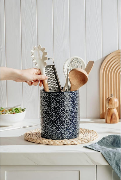 Kitchen Utensil Holder, 6x7 inch Large Ceramic Utensil Holder with Embossed Pattern, Cooking Utensil Crocks for Kitchen Countertop, Home Decor, Blue - Image 5