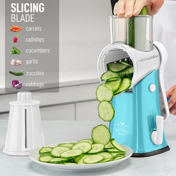 Zulay Kitchen Rotary Cheese Grater 5 Blade Cheese Shredder - Manual Hand Crank Cheese Grater With Reinforced Suction & 5 Interchangeable Drums - Easy to Use, Vegetable Chopper Round Mandoline Slicer - Image 5