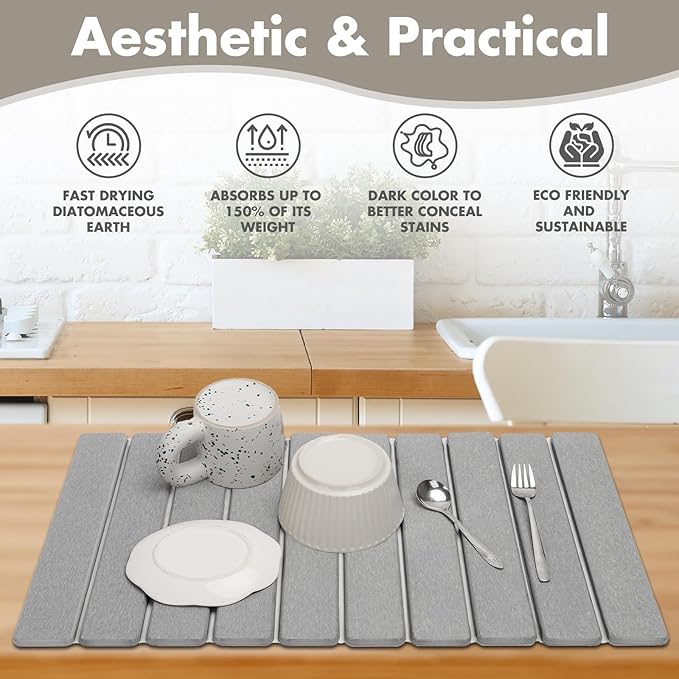 Large Stone Dish Drying Mat for Kitchen Counter, Eco-friendly, Instant Drying Pad,Diatomaceous Earth Water Absorbing Mat, Foldable and Super Absorbent Dish Drying Stone Mat, 24"×16", Light Gray - Image 2