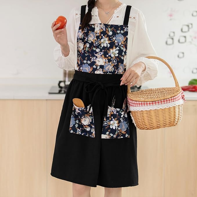 Pinknoke Vintage Pinafore Apron Dress for Women with Pockets Cute Floral Chef Aprons for Kitchen Cooking Baking Gardening - Image 4