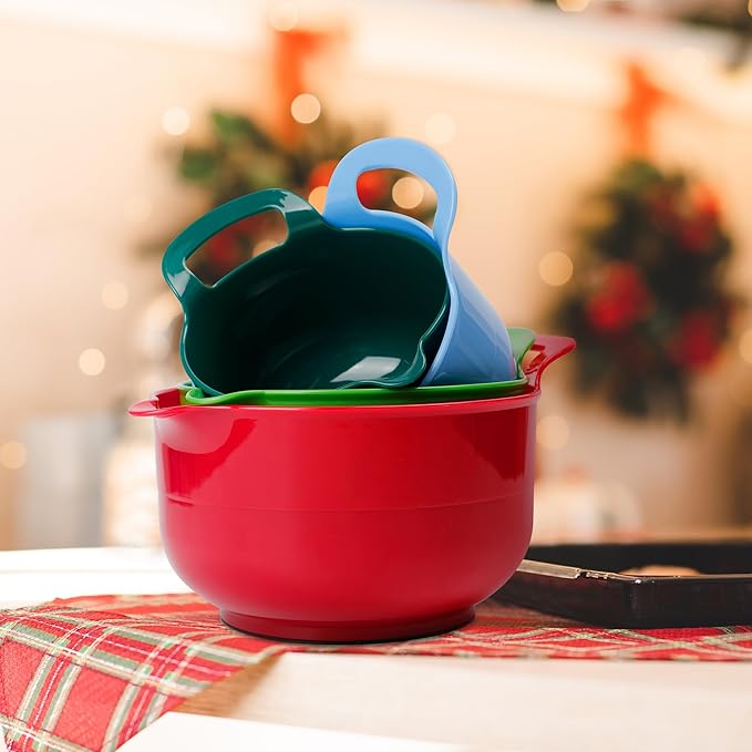 BoxedHome 4 Pack Nesting Mixing Bowl Christmas Set with Pour Spout and Handle, BPA free Microwave & Dishwasher Safe(Christmas colours, 4 Pack with Handle, Random colour silicone scraper included) - Image 6