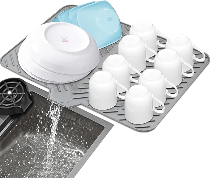 Luxet Silicone Dish Drying Mat with Built-in Drain Lip - Hygienic Drying Pad - Sturdy Compact Easy to Clean Tray Protects Surfaces Prevents Water Build Up - 23 X 17 (Grey) - Image 2