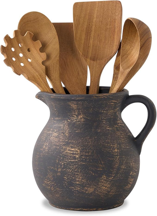 MIYUKI Rustic Kitchen Utensil Holder - 7.6 Inch Ceramic Utensil Crock for Countertop, Vintage Kitchen Counter Decor by Unknown