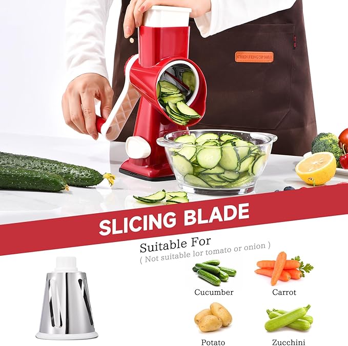 Rotary Cheese Grater with Handle Kitchen Shredder Slicer Grater Slicer Ice Shaver Cheese Vegetable Nuts Potato Zucchini Chocolate 3 Interchangeable Blades (RedWhite) - Image 5