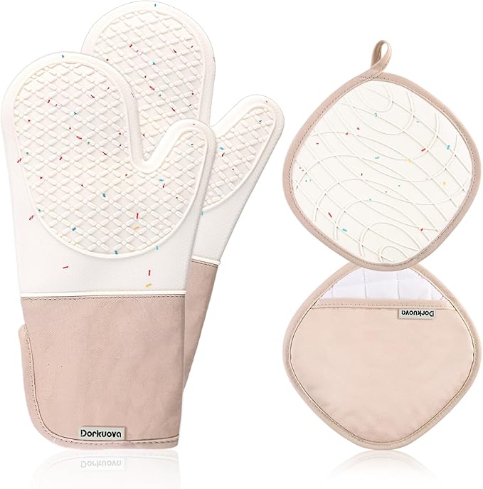 Oven Glove Cute,Cooking Mittens,Oven Mittens for Kitchen,Oven Gloves for Kitchen,Washable Silicone Oven Mitts Heat Resistant 500°F, Potholders for Kitchens Cooking Baking(Cream by Dorkuovahome
