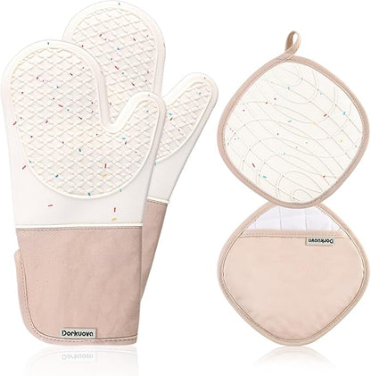 Oven Glove Cute,Cooking Mittens,Oven Mittens for Kitchen,Oven Gloves for Kitchen,Washable Silicone Oven Mitts Heat Resistant 500°F, Potholders for Kitchens Cooking Baking(Cream by Dorkuovahome