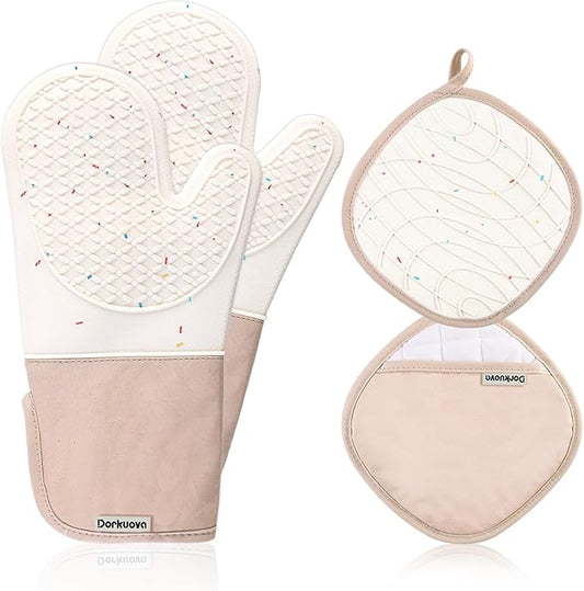 Oven Glove Cute,Cooking Mittens,Oven Mittens for Kitchen,Oven Gloves for Kitchen,Washable Silicone Oven Mitts Heat Resistant 500°F, Potholders for Kitchens Cooking Baking(Cream by Dorkuovahome