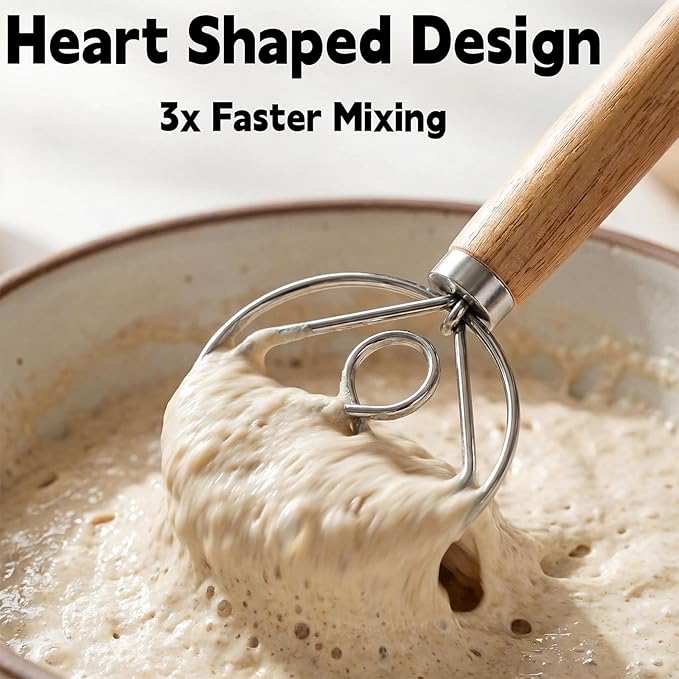 TEEVEA Danish Dough Whisk for Sourdough Bread, Wooden Handle Stainless Steel Mixing Tool - Image 5