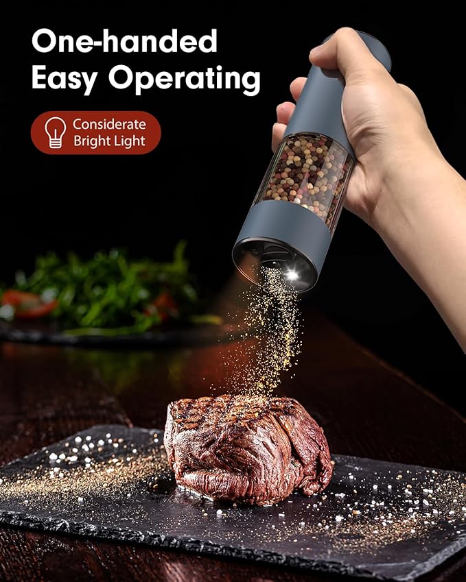 TOMEEM Upgraded Larger Capacity Electric Salt and Pepper Grinder Set Rechargeable with LED lights, Stainless Steel Automatic Pepper and Salt Grinder Refillable with 5 Adjustable Coarseness Blue - Image 2