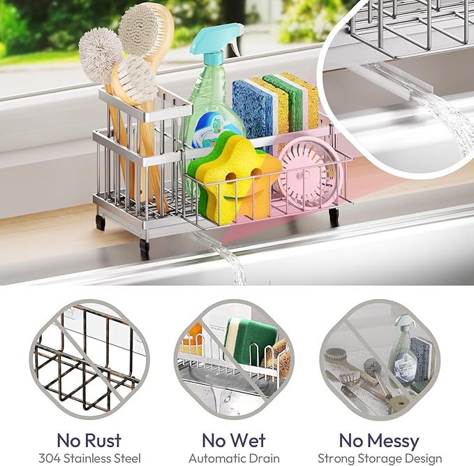 SWTYMIKI Sink Caddy Sponge Holder - Large Sponge Holder for Kitchen Sink with 360°Auto-Drain Tray, Rustproof Stainless Steel Kitchen Organizer Caddy for Countertop Organization - Image 6
