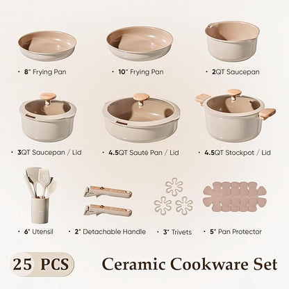 CAROTE 25 Pcs Ceramic Cookware Sets, Pots and Pans Set Non Stick, Detachable Handle, Induction & Oven Safe, Stackable Space - 70% Saving, Cookware Non Stick Cooking Set, Taupe (PFOS, PFOA Free)