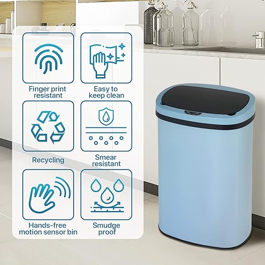 Dkeli Kitchen Trash Can for Bathroom Bedroom Home Office Automatic Touch Free High-Capacity Garbage Can with Lid Brushed Stainless Steel Waste Bin 13 Gallon / 50L - Blue