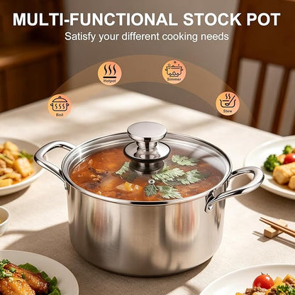 P&P CHEF 4 Quart Tri-Ply Stainless Steel Stock Pot, 4 Qt Stockpot Pasta Cooking Pot with Visible Lid for Soup Vegetable, Induction Cookware for All Stoves, Sturdy & Double Handle, Dishwasher Safe