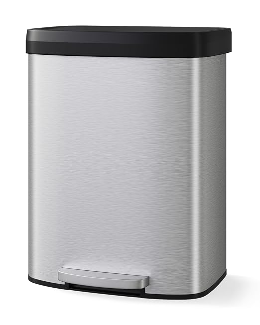 Garvee 16 gal / 60 L Stainless Steel Trash Can with Lid, Large Garbage Can for Kitchen, Rustproof Step-on Kitchen Metal Trash Bin with Liner Rim, Rear Handle, Soft Close Plastic Lid, Silver by Garvee