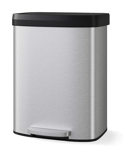 Garvee 16 gal / 60 L Stainless Steel Trash Can with Lid, Large Garbage Can for Kitchen, Rustproof Step-on Kitchen Metal Trash Bin with Liner Rim, Rear Handle, Soft Close Plastic Lid, Silver by Garvee