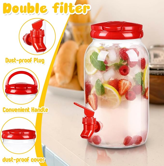 Havawish 2 Pcs 1 Gallon Plastic Beverage Dispenser with Spigot Clear Summer Kitchen Fridge Drink Dispenser for Parties Lemonade Juice Tea Beer Cold Water (Red,Cylinder)