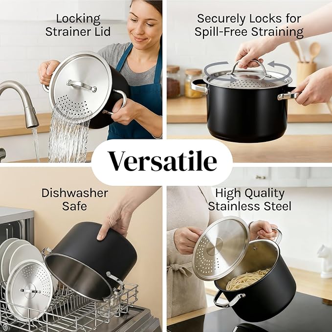 Cooler Concepts Pasta Pot with Strainer Lid - 5.5 Quart Large Spaghetti Pot - Twist & Lock for Easy Drain & No Colander Or Strainer Basket Insert Needed - Dishwasher Safe Pots - Image 6