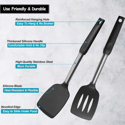 Silicone Spatula and Cooking Spoon,5 Pack Non-Stick Cooking Utensils for Kitchen，Heat Resistant Solid & Slotted Spoons and Spatulas, Stainless Steel Handle Coated with Silicone,Black - Image 3