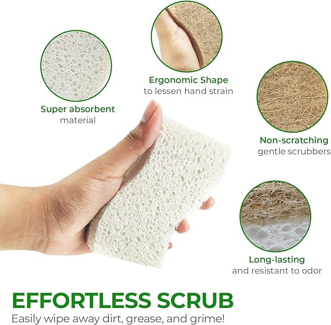 AIRNEX Natural Kitchen Sponges (24 Pack) - Biodegradable Cellulose & Coconut Scrubber Dish Sponges for Kitchen - Eco-Friendly, Non Scratch, Compostable, Non Toxic S-Shaped Natural Sponges for Dishes - Image 7