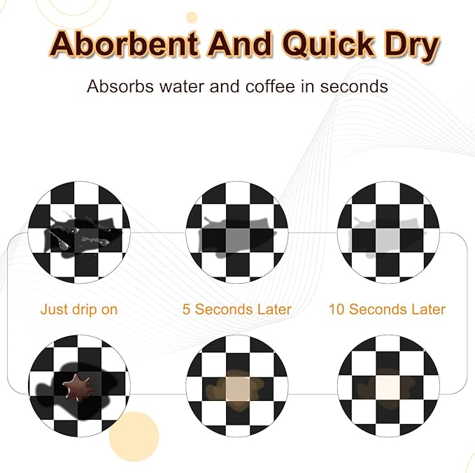 Dish Drying Mat for Kitchen Counter, 12" x 20" Checkered Coffee Bar Mat for Espresso Machine, Absorbent and Stain-Resistant Countertop Protector, Non-Slip Rubber Back Drying Pad, Black & White