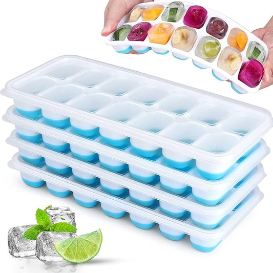 Silicone Ice Cube Tray, Jrisbo 4 Pack Easy-Release & Flexible 14-Ice Cube Trays with Spill-Resistant Removable Lid, Stackable Ice Trays with Covers for Freezer, Cocktail (Blue) by Jrisbo