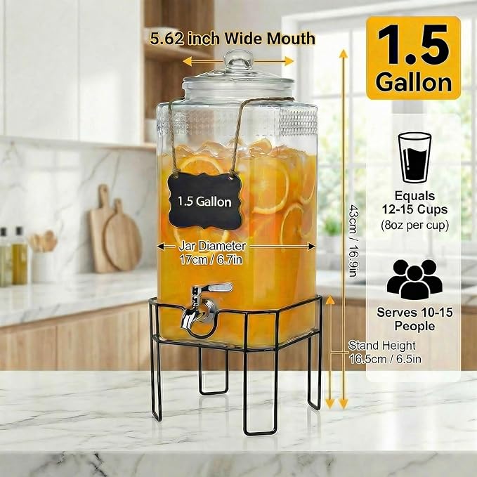 1.5 Gallon Glass Drink Dispenser, Drink Dispensers for Parties, Beverage Dispenser with Stand and Glass Lid, 100% Leakproof Spigot, Ideal for Lemonade, Juice, Iced Tea, Laundry Detergent - Image 4