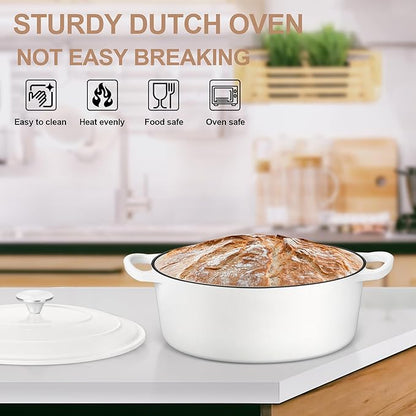 E-far 5QT Oval Dutch Oven Pot with Lid, Enameled Cast Iron Dutch Oven with Dual Handles for Sourdough Bread Baking Cooking, Nonstick Enamel Coated Cookware(White), Non-Toxic & Easy Clean