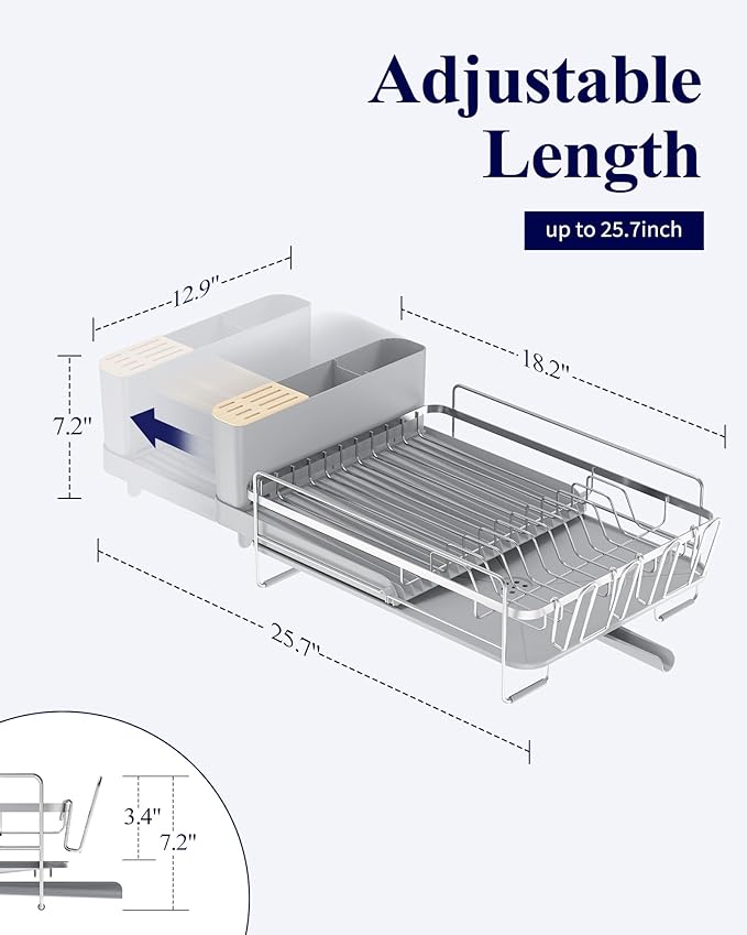Kitsure Extendable Dish Drying Rack, Large Drying Dish Rack with Cutlery & Cup Holders, Multifunctional Dish Racks for Counter with Drainage, 18.2"-25.7" L x 12.9" W, Sliver - Image 2