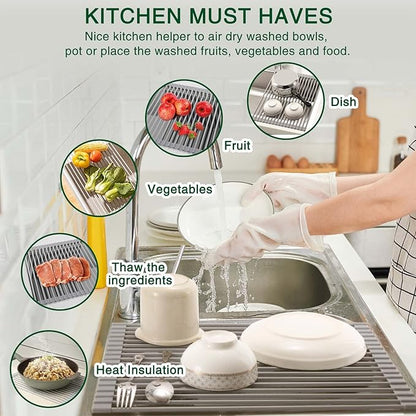 HANZENMA Roll Up Dish Drying Rack Over The Sink Kitchen Roll Up Sink Drying Rack Multipurpose Foldable Sink Drying Mat, Heat-Resistant, Anti-Slip & Anti-Rust Dish Rack for Kitchen, 17" x 13", Grey - Image 3