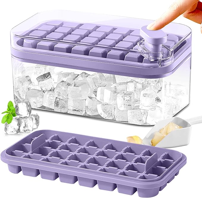 Ice Cube Tray with Lid and Bin for Freezer, 2 Pack, 64 Pcs Ice Cube Mold (Purple) by DOONLY