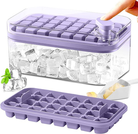 Ice Cube Tray with Lid and Bin for Freezer, 2 Pack, 64 Pcs Ice Cube Mold (Purple) by DOONLY