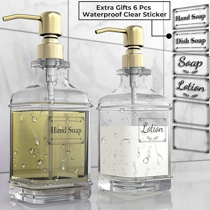 GLADPURE Soap Dispenser - 2 Pack, 18 Oz Antique Design Thick Glass Hand Soap Dispensers; with 304 Rust Proof Stainless Steel Pump, 6Pcs Clear Stickers, for Kitchen, Bathroom - Gold - Image 3