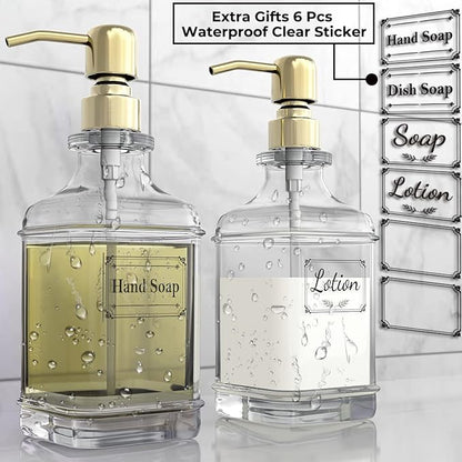 GLADPURE Soap Dispenser - 2 Pack, 18 Oz Antique Design Thick Glass Hand Soap Dispensers; with 304 Rust Proof Stainless Steel Pump, 6Pcs Clear Stickers, for Kitchen, Bathroom - Gold - Image 3