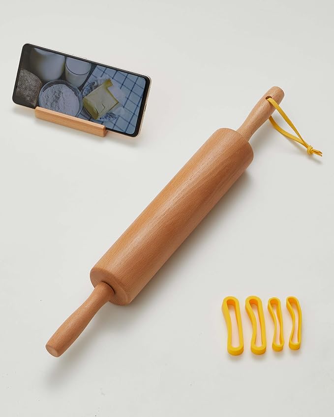 Classic Wood Rolling Pin, 17" Rolling Pins for Baking with Silicone Mat and Adjustable Thickness Rings, Pasta Roller with Wood Base, Fondant Roller for Pie Crust, Cookies, Pizza Dough and Bread - Image 2