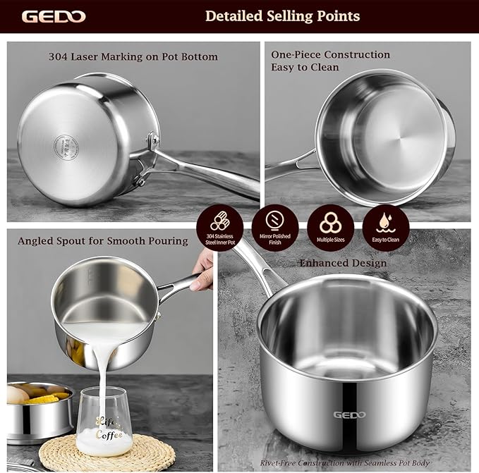 GEDO 3-Ply 304 Stainless Steel Saucepan with Lid, One-Piece Rivet-Free & Seamless Design, Angled Spout & Heat-Resistant Handle, Universal Stovetop Compatible for Indoor Cooking (7 In / 18cm Size) - Image 8