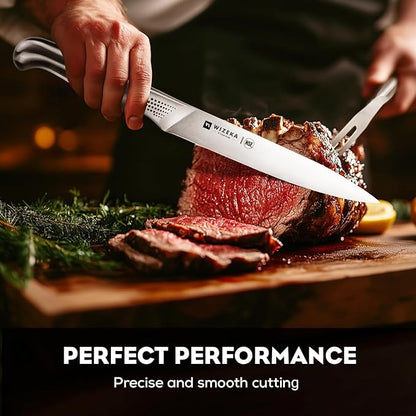 WIZEKA 8-inch Turkey Carving Knife Set 2 PCS,Stainless Steel Carving Knife and Fork Set,Extremely Sharp and Pointed Carving Sets for Meat with Gift Box