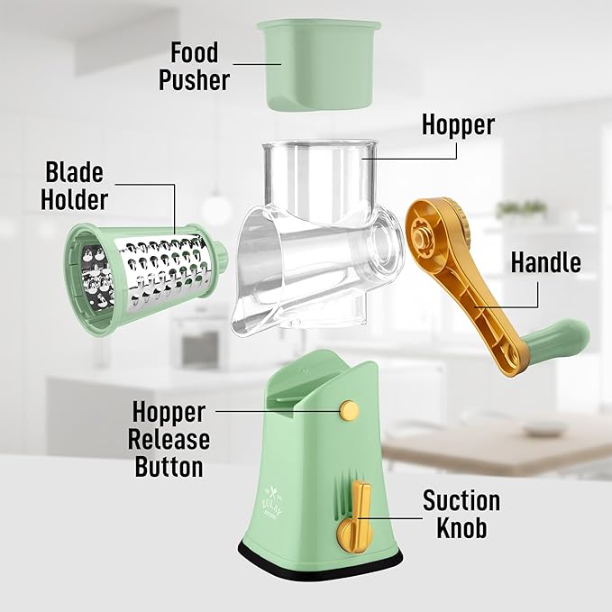 Zulay Kitchen Rotary Cheese Grater 5 Blade Cheese Shredder - Manual Hand Crank Cheese Grater With Reinforced Suction & 5 Interchangeable Drums - Easy to Use, Vegetable Chopper Round Mandoline Slicer - Image 8