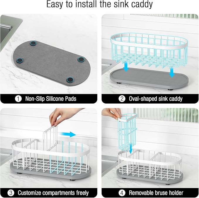 Sponge Holder for Kitchen Sink with High Brush Holder, [Stay-Dry Anywhere & No Drainage Needed] Rustproof Stainless Steel Kitchen Sink Caddy Organizer with Water Absorbing Stone Tray, White - Image 5