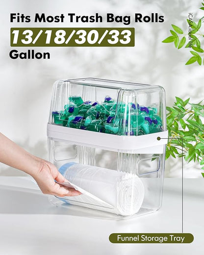 iCASA Trash Bag Dispenser Dishwasher Pod Organizer, 3 in 1 Grocery Garbage Bags Holder Storage Box Clear Laundry Room Pods Dishwasher Tab Cleaner Tablets Container Pantry Kitchen Under Sink Organizers - Image 4