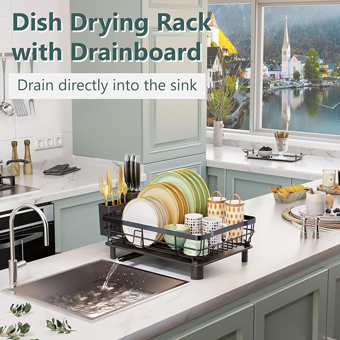 AIDERLY Iron Dish Drying Rack with Drainboard Dish Drainers for Kitchen Counter Extendable Spout Strainers with Utensil Holder and Knife Slots, Black - Image 2