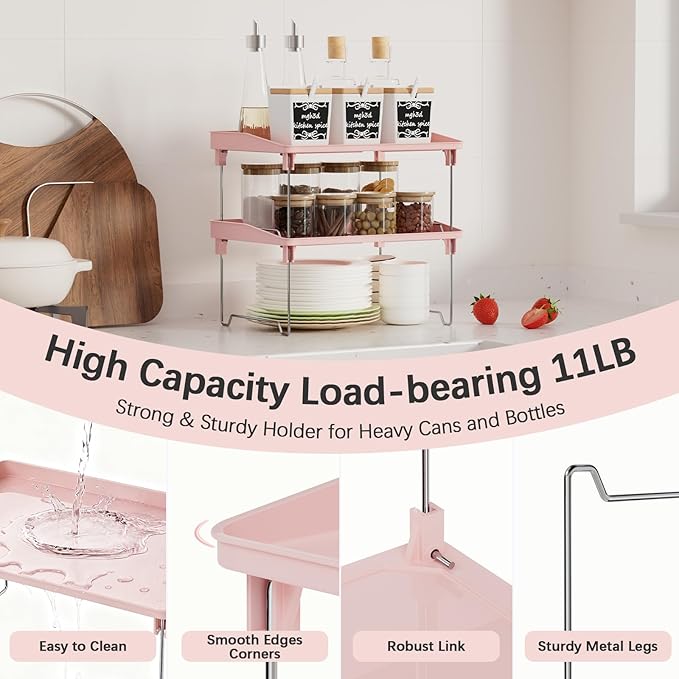 STARLATTA 2 Pcs Cabinet Organizer Shelf，Stackable Kitchen Counter Shelves, Spice Rack,Countertop Organizers，Pink Plastic Storage Shelves Rack for Makeup，Bathroom, Cupboard，Desk，Pantry Organization - Image 5